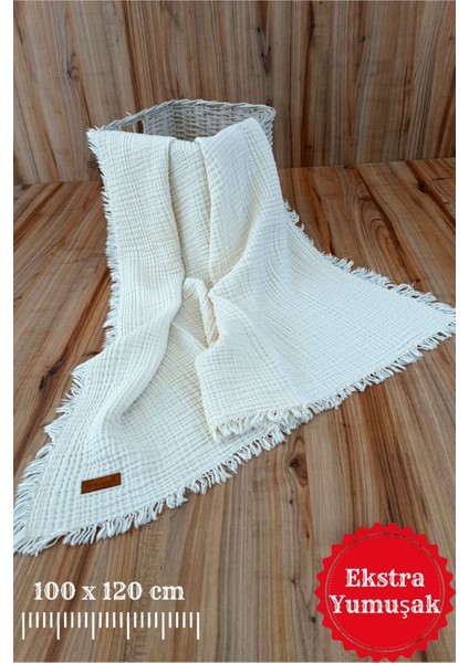 4 Kat Müslin Saçaklı Bebek Battaniyesi 100X120 Cm- %100 Pamuklu & Çok Amaçlı Battaniye