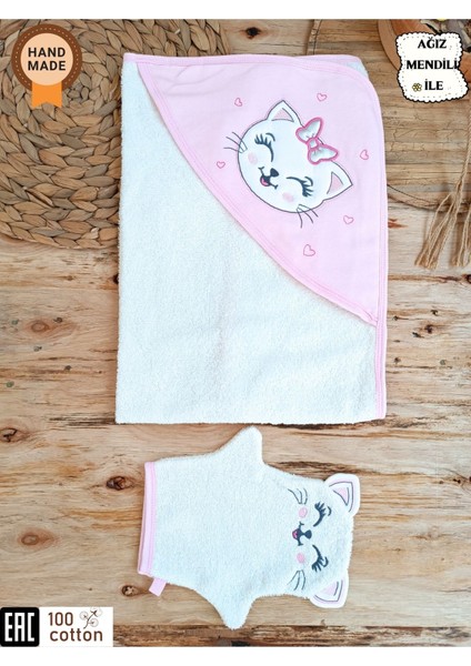 Bebek Banyo Havlusu Pamuklu Başlıklı Havlu Silgi Hediyelik Yumuşacık Su Emici Kedi Nakışlı
