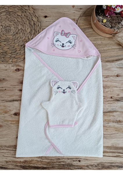 Bebek Banyo Havlusu Pamuklu Başlıklı Havlu Silgi Hediyelik Yumuşacık Su Emici Kedi Nakışlı