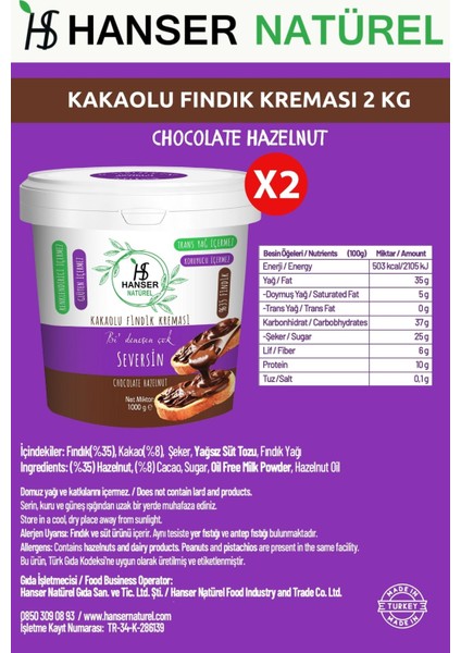 Seversin Seversin Kakaolu Fındık Kreması 2 Kg (1000G x2)