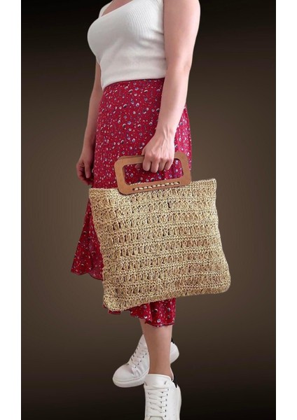 Şık ve hafif hasır el çantası, zarif tasarım, bej renk, orta boy. fiyatları