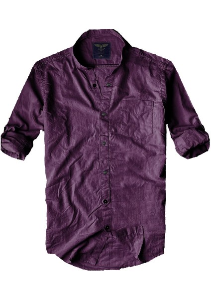 Slim Fit %100 Pamuk Kumaş Hakim Yaka Uzun Kol Gömlek Mor