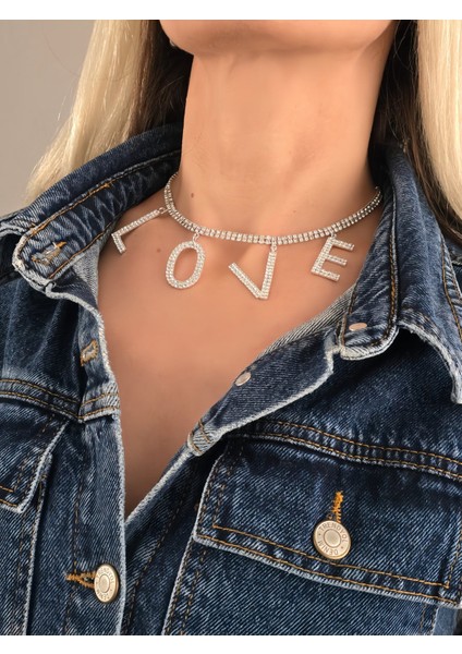 Love Aşk Kristal Taşlı Party Style Gümüş Renk Kolye