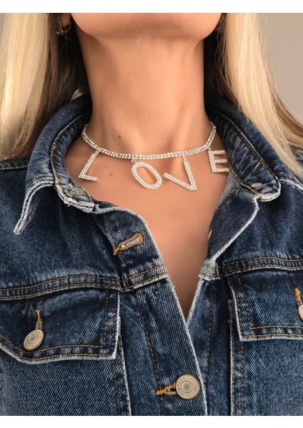 Love Aşk Kristal Taşlı Party Style Gümüş Renk Kolye