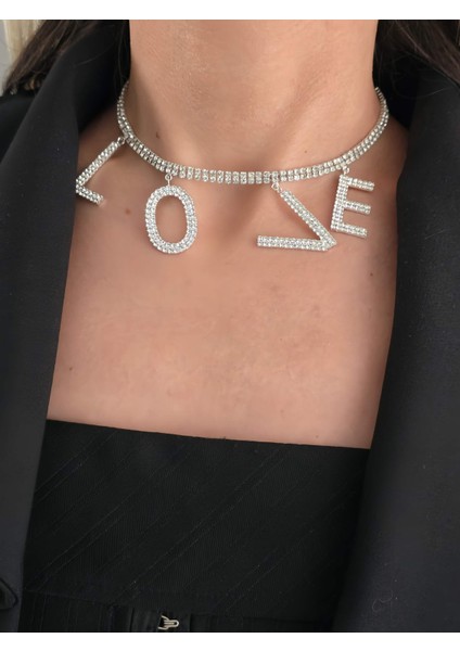 Love Aşk Kristal Taşlı Party Style Gümüş Renk Kolye
