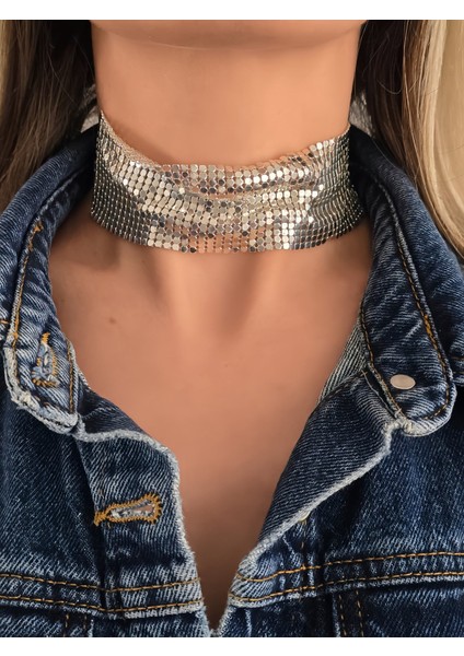 Arpa Pul Payet Zırh Metal Geniş Model Gümüş Choker Kolye