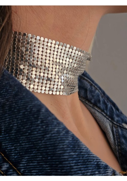 Arpa Pul Payet Zırh Metal Geniş Model Gümüş Choker Kolye fiyatları
