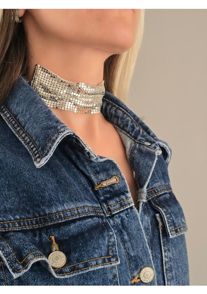 Arpa Pul Payet Zırh Metal Geniş Model Gümüş Choker Kolye modelleri