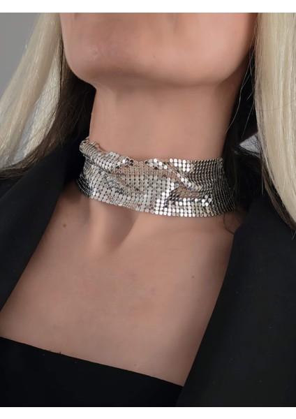 Arpa Pul Payet Zırh Metal Geniş Model Gümüş Choker Kolye fırsatları