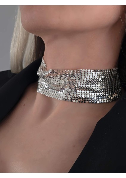 Arpa Pul Payet Zırh Metal Geniş Model Gümüş Choker Kolye indirimleri