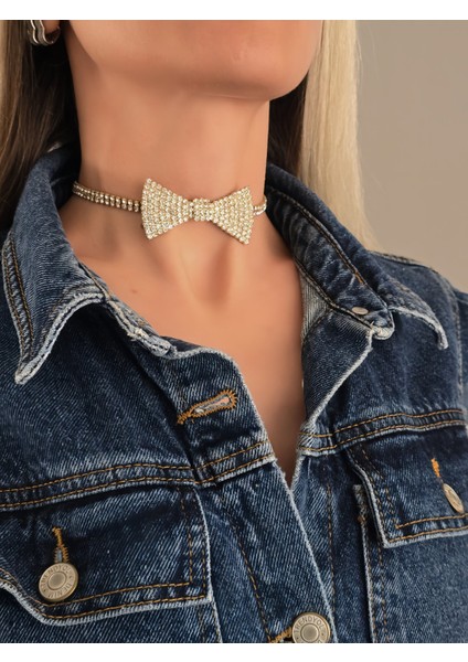 Papyon Model Rhinestone Choker Tasma Model Gold Renk Kolye