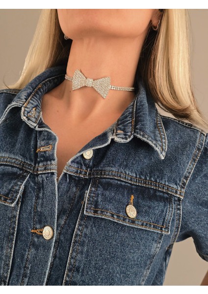 Papyon Model Rhinestone Choker Tasma Model Gold Renk Kolye