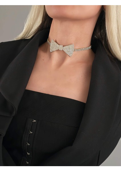 Papyon Model Rhinestone Choker Tasma Model Gold Renk Kolye