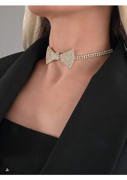 Papyon Model Rhinestone Choker Tasma Model Gold Renk Kolye