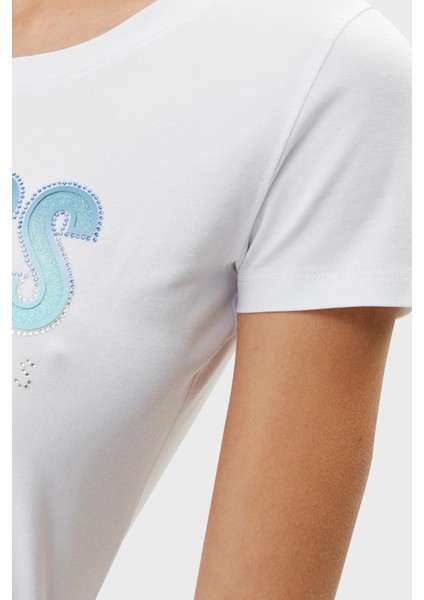 Cn Ss Glitter Streç Pamuklu Slim Fit Sim Logolu T Shirt W5GI14J1314 Bayan T Shirt W5GI14 J1314 G011