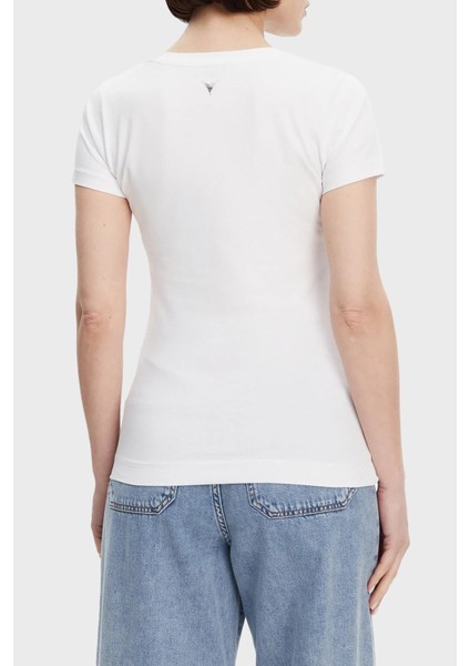 Ss Cn Flower Streç Pamuklu Slim Fit Üçgen Logolu T Shirt W5GI08J1314 Bayan T Shirt W5GI08 J1314 G011