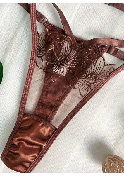 Kahverengi Dantelli Transparan Lüks Iç Çamaşırı Takımı