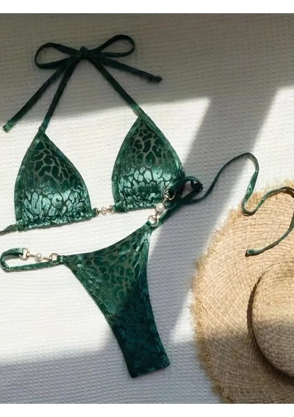 Zümrüt Yeşili Leopar Desenli Inci Detaylı Mikro Bikini Seti