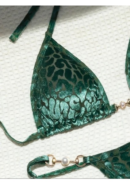 Zümrüt Yeşili Leopar Desenli Inci Detaylı Mikro Bikini Seti