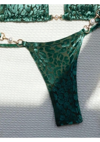 Zümrüt Yeşili Leopar Desenli Inci Detaylı Mikro Bikini Seti