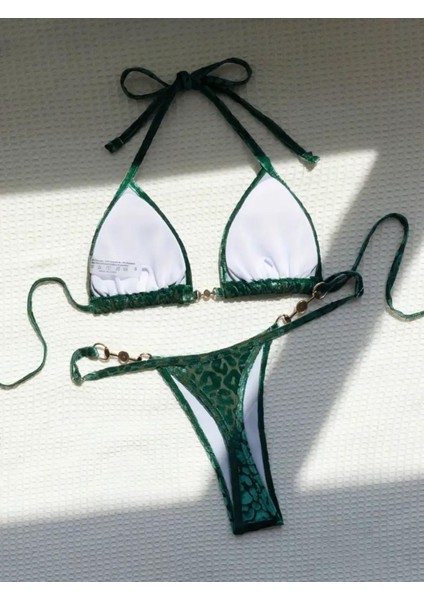 Zümrüt Yeşili Leopar Desenli Inci Detaylı Mikro Bikini Seti