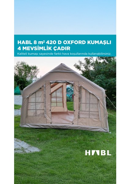 8 Kişilik 8m2 Su,rüzgar ve Kar Geçirmez 420D Oxford Kumaşlı 4 Mevsim Şişme Çadır 320*250*220CM