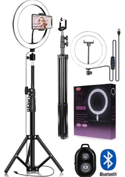 Bluetooth Kumandalı 10"inç LED Işıklı Halka Işığı+ 210 cm Tripod + Yaylı Telefon Tutucu