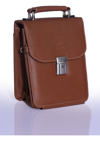 Şık Erkek Çanta, Günlük ve İş İçin, 4 Bölmeli, Kilitli, Orta Boy, Suni Deri, Kahverengi