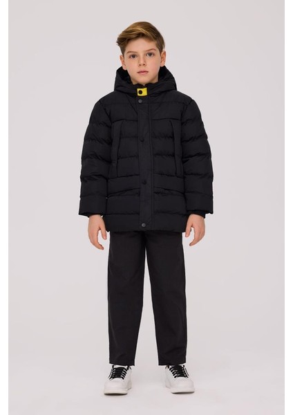 Bg Store Erkek Çocuk Siyah Kapüşonlu Mont Kalın Dokuma Günlük Kullanım İçin