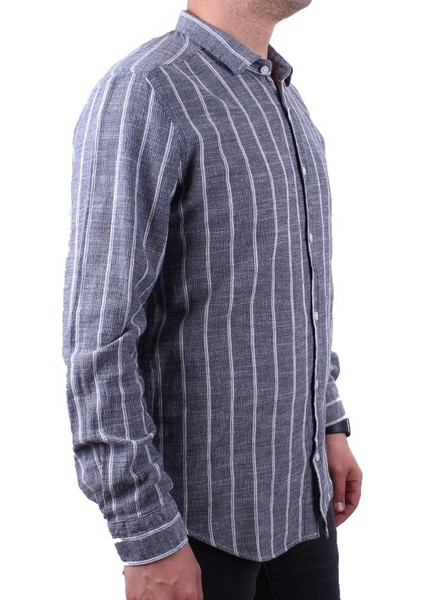 DMG23-114098 Beyaz Lacivert Günlük Hasır Keten Normal Kalıp Uzun Kol Erkek Gömlek