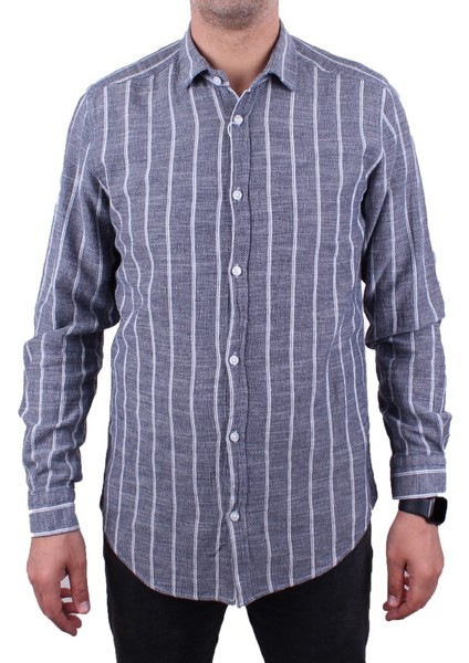 DMG23-114098 Beyaz Lacivert Günlük Hasır Keten Normal Kalıp Uzun Kol Erkek Gömlek fiyatları