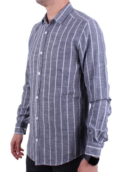 DMG23-114098 Beyaz Lacivert Günlük Hasır Keten Normal Kalıp Uzun Kol Erkek Gömlek modelleri