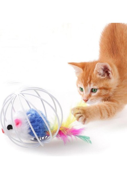 Yavru Kedi Köpek Tüylü Peluş Fare Metal Kafesli Eğitim Oyuncağı Oyun Faresi Topu 6 cm