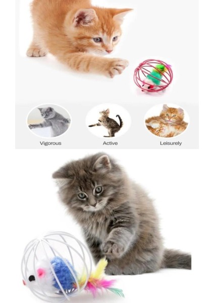 Yavru Kedi Köpek Tüylü Peluş Fare Metal Kafesli Eğitim Oyuncağı Oyun Faresi Topu 6 cm