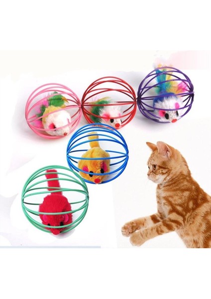 Yavru Kedi Köpek Tüylü Peluş Fare Metal Kafesli Eğitim Oyuncağı Oyun Faresi Topu 6 cm