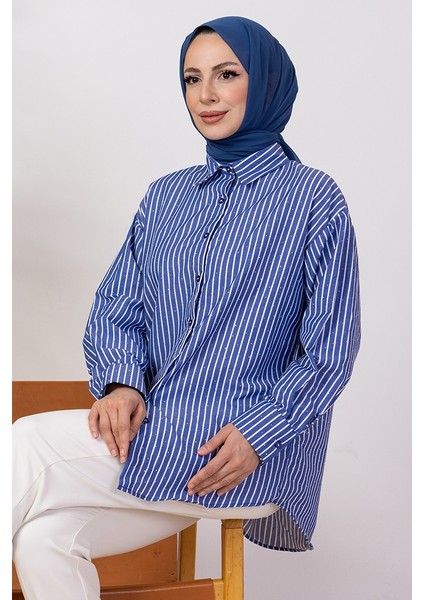 Taşlı Çizgili Gömlek 1407 - Lacivert modelleri