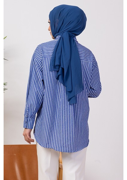 Taşlı Çizgili Gömlek 1407 - Lacivert indirimleri