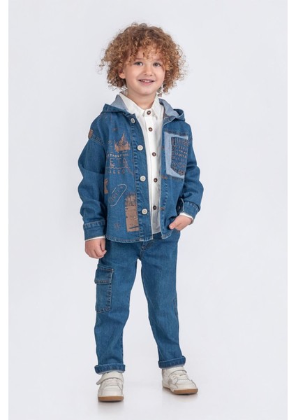 Kapüşonlu Kot Ceket, Gömlek ve Kargo Pantolon Erkek Çocuk Takımı - Kahve