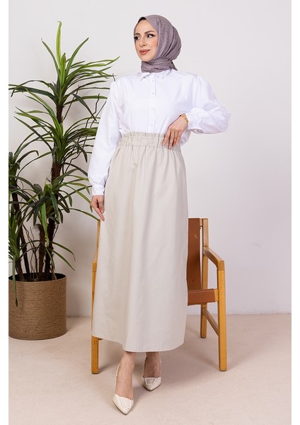 Benja Beli Lastikli Gabardin Etek 1405 - Krem