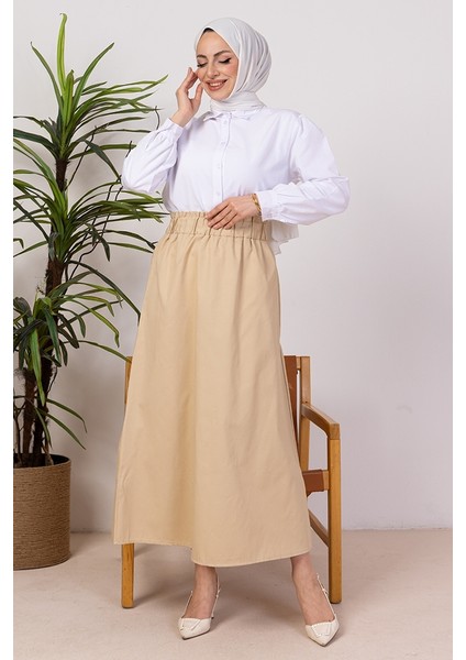 Benja Beli Lastikli Gabardin Etek 1405 - Taş
