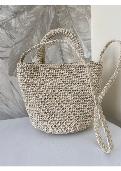 El yapımı renkli kağıt ipli şık ve kullanışlı el çantası, bej renk, yıkama talimatlı