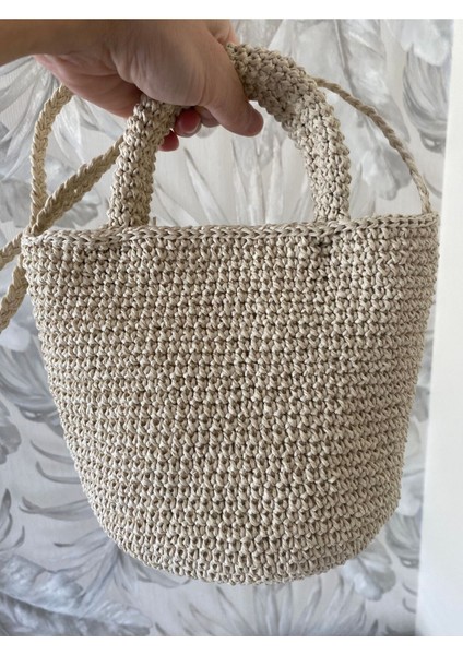 El yapımı renkli kağıt ipli şık ve kullanışlı el çantası, bej renk, yıkama talimatlı modelleri