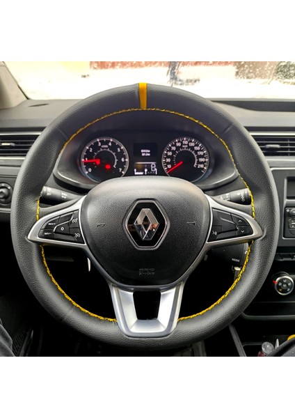Dikişli Direksiyon Kılıfı Siyah Deri Sarı Yüzük Sarı Dikişli Renault Express Için