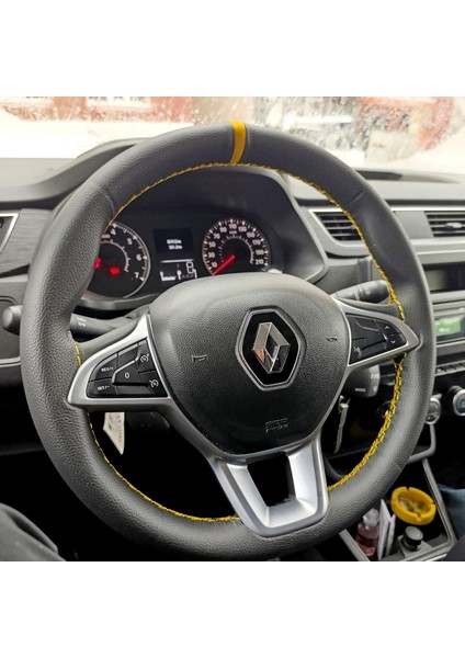Dikişli Direksiyon Kılıfı Siyah Deri Sarı Yüzük Sarı Dikişli Renault Express Için