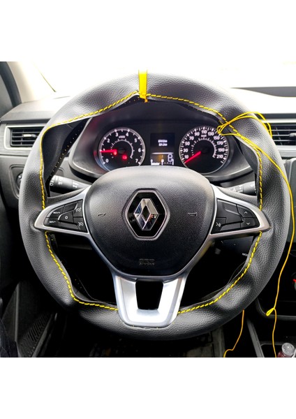 Dikişli Direksiyon Kılıfı Siyah Deri Sarı Yüzük Sarı Dikişli Renault Express Için