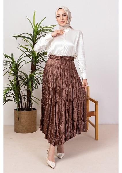 Taşlı Beli Lastikli Etek 1401 - Kahve