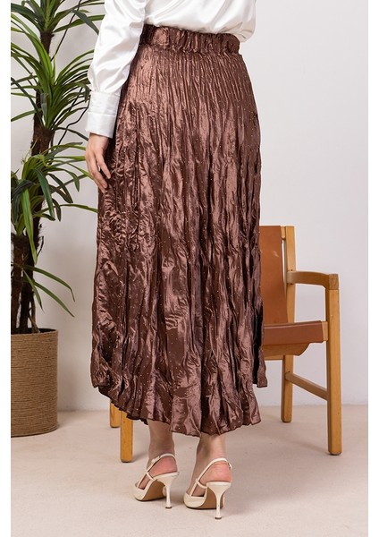 Taşlı Beli Lastikli Etek 1401 - Kahve