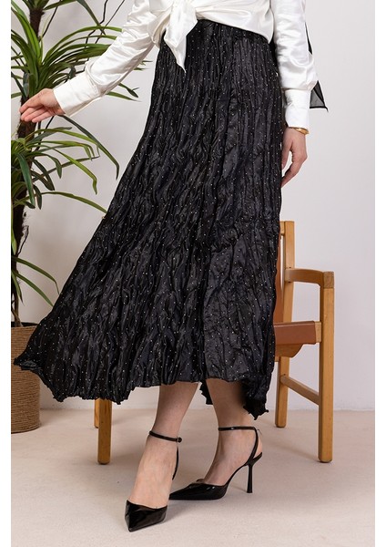 Taşlı Beli Lastikli Etek 1401 - Siyah