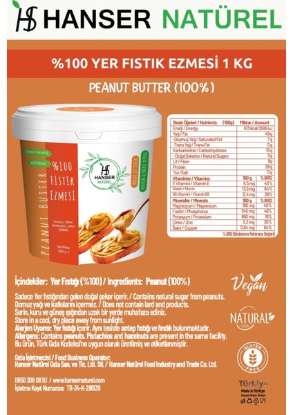Natürel %100 Yer Fıstığı Ezmesi 1 Kg Kova Şekersiz, Katkısız, Taze çekim