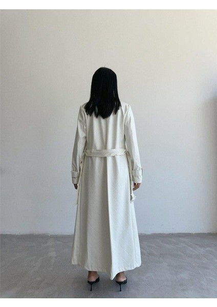 Kapitone Deri Trench - Beyaz